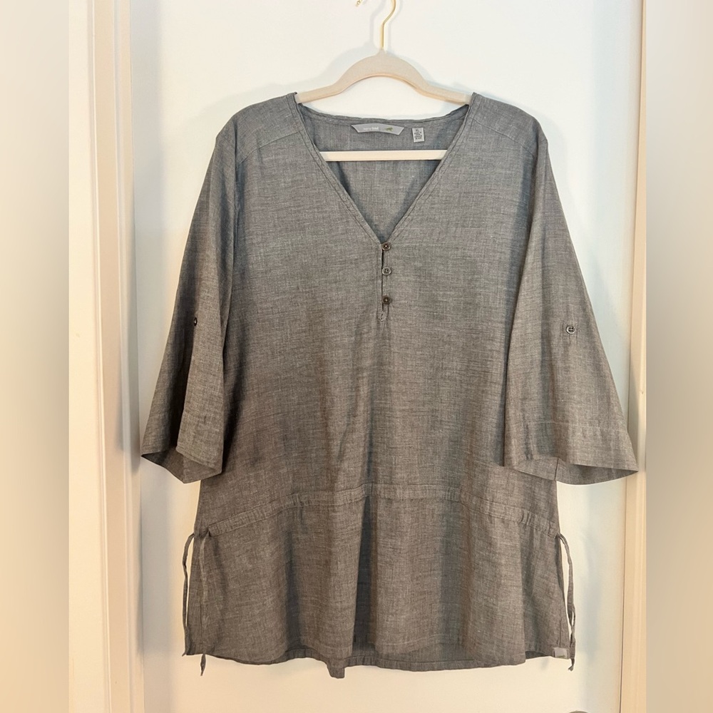 Horny Toad Gray Blouse with Cinch Waist and Rollup Sleeve Option, Size XL